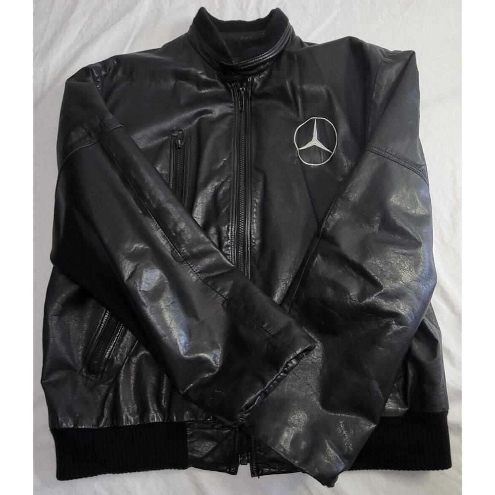 Mercedes Benz Riders Jacket Black Leather Size S/M? Y2K Vtg REVIEW MEASUREMENTS!